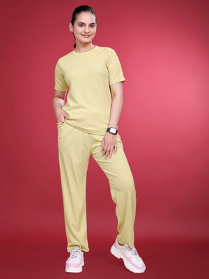 Hercill Women Solid Yellow Top & Pyjama Set
