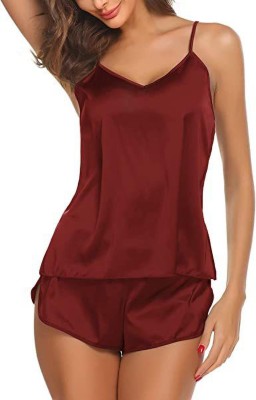 FOXBOOM Women Solid Maroon Night Suit Set