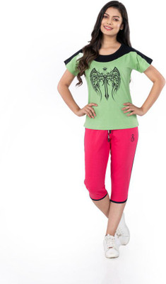 StyleAone Women Printed Pink, Light Green Top & Capri Set