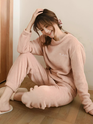 Stem Rope Women Solid Pink Night Suit Set