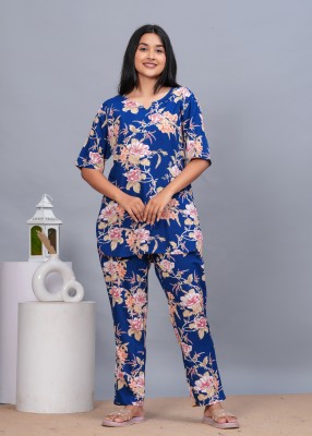 DAMMODE Women Printed Blue Top & Pyjama Set