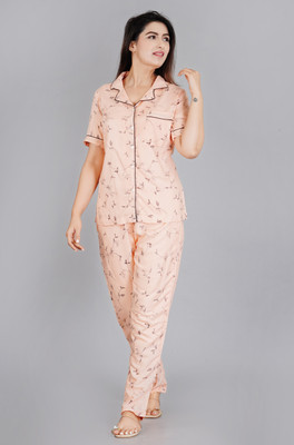 PRADHRUHE Women Printed Orange Shirt & Pyjama set
