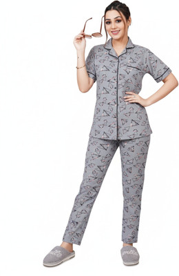 ASTRAX Women Geometric Print Grey Night Suit Set