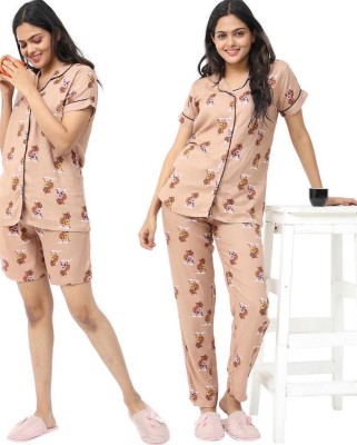 fabrichues Women Printed Beige Night Suit Set