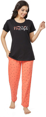 ALPHAFOX Girls Solid Black, Orange Top & Pyjama Set