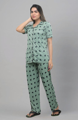 ZIKIGO Women Printed Green Shirt & Pyjama set