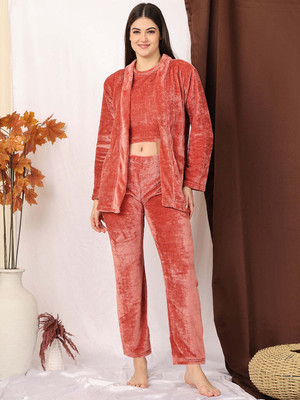ETC Women Solid Maroon Night Suit Set