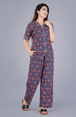 DreamBe Women Printed Blue Shirt & Pyjama set