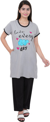 E-MAX Women Printed Grey, Black Top & Pyjama Set