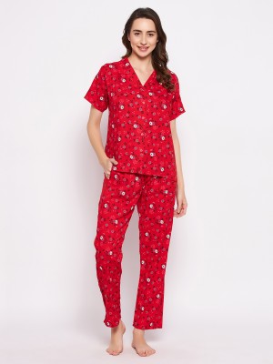 Clovia Women Floral Print Red Shirt & Pyjama set