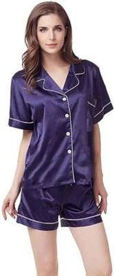 Vd hub Women Solid Dark Blue Night Suit Set