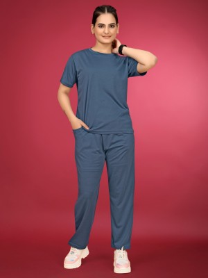 SAKARMAA Women Solid Blue Top & Pyjama Set