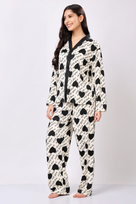 Lugo Women Printed Beige, Black Night Suit Set