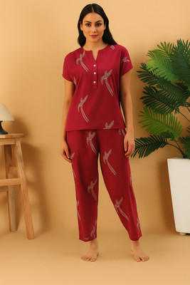 SYLUNE Women Graphic Print Maroon Night Suit Set