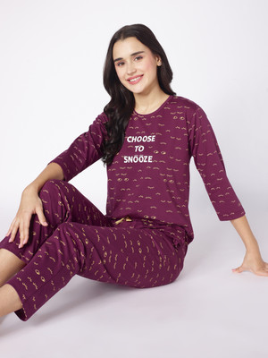 Beebelle Women Printed Purple Top & Pyjama Set