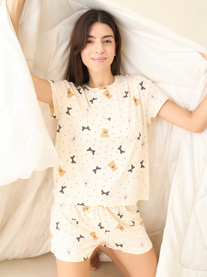 SWEET DREAMS Women Printed Beige Top & Shorts Set