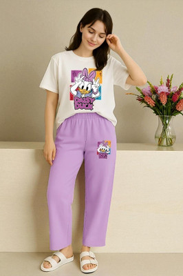 Elvia Women Printed Purple, White Top & Pyjama Set