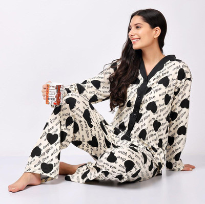 Lugo Women Printed Beige, Black Night Suit Set