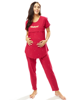 LOTIK Women Printed Red Night Suit Set