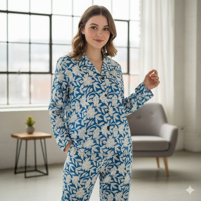 KeyCrafters Girls Floral Print Blue Shirt & Pyjama set