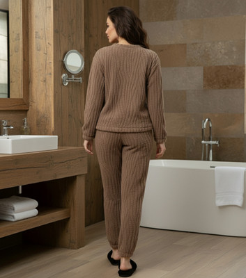 BLUELOCK Women Self Design Brown Night Suit Set