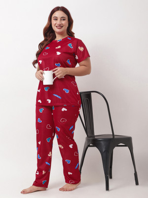 Nightdoll Women Printed Red Top & Pyjama Set