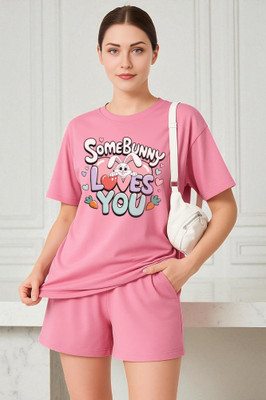 Elvia Women Printed Pink Top & Shorts Set