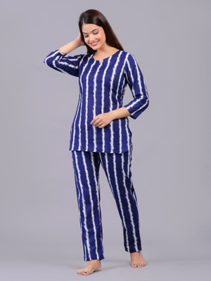 Bachuu Women Striped Blue, White Night Suit Set