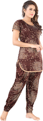 capasino Women Printed Brown Top & Pyjama Set