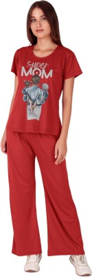 fasense Women Solid, Printed Red Night Suit Set