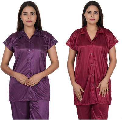 INSTRY Women Applique, Solid Purple, Pink Night Suit Set
