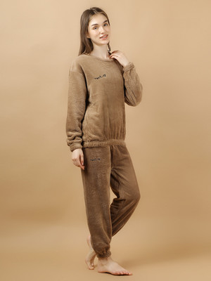 Lugo Women Solid Brown Night Suit Set