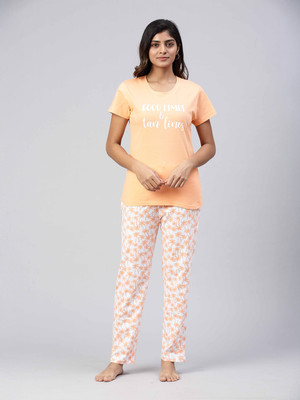 Ramraj Cotton Women Printed Orange Top & Pyjama Set