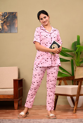 SHIV TEXTILE Women Printed Pink Night Suit Set