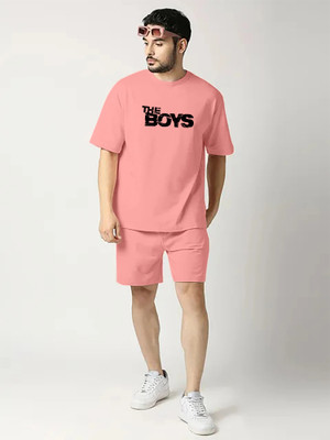 ZIRPIX Men Solid, Printed Pink Top & Shorts Set
