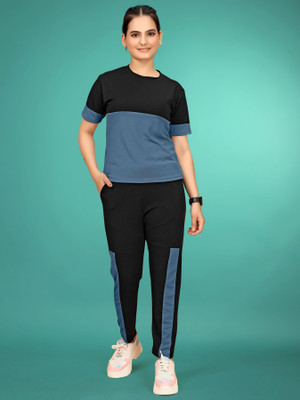 JK Creation Women Solid, Colorblock Blue, Black Top & Pyjama Set