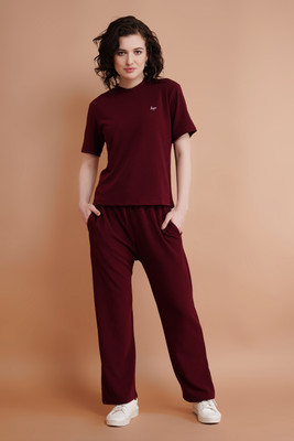 Lugo Women Solid Maroon Night Suit Set