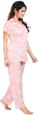Qunity Women Printed Pink Night Suit Set
