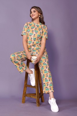 Samrudhh Women Printed Blue, Orange Top & Pyjama Set