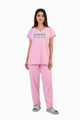 anika's hosiery's Women Printed Pink Night Suit Set