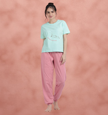 shyaway Women Printed, Solid Blue Top & Pyjama Set