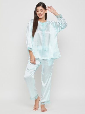 Clovia Women Solid Blue Top & Pyjama Set