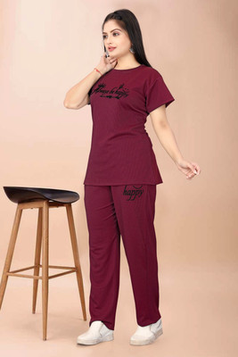 SAI FAB Women Printed, Self Design Maroon Night Suit Set
