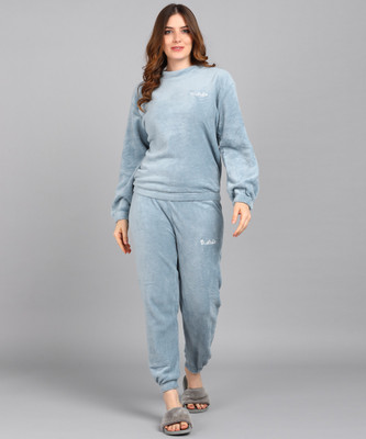 Overlock Women Solid Blue Night Suit Set