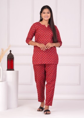 JJ FASHION Women Printed Maroon Night Suit Set