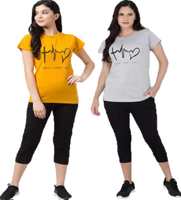 DRUZZEE Women Printed Yellow, Grey Top & Capri Set