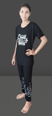 SP FASHION Women Printed Black Top & Pyjama Set