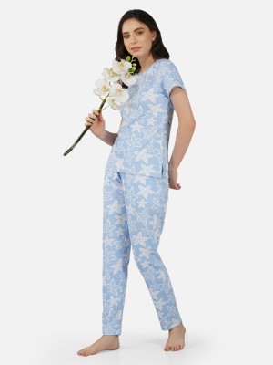 clovercrafty Women Printed Blue Night Suit Set