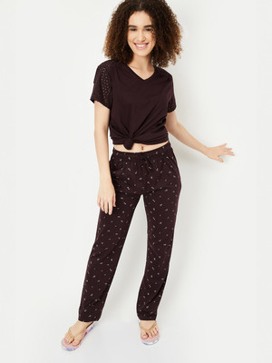 MAX Women Printed Brown Top & Pyjama Set