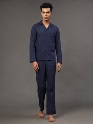 BSTORIES Men Printed Dark Blue Shirt & Pyjama set